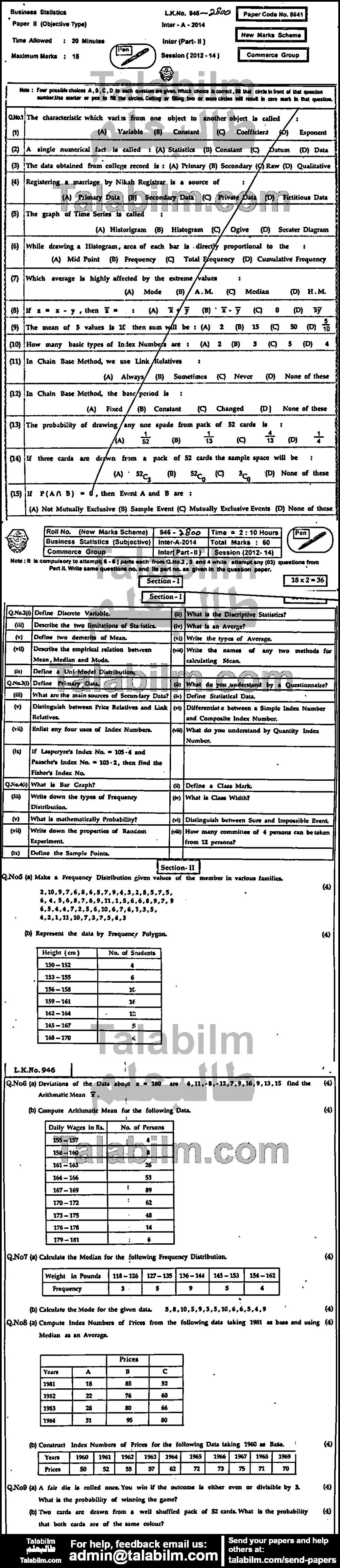 Business Statistics 0 past paper for Group-I 2014