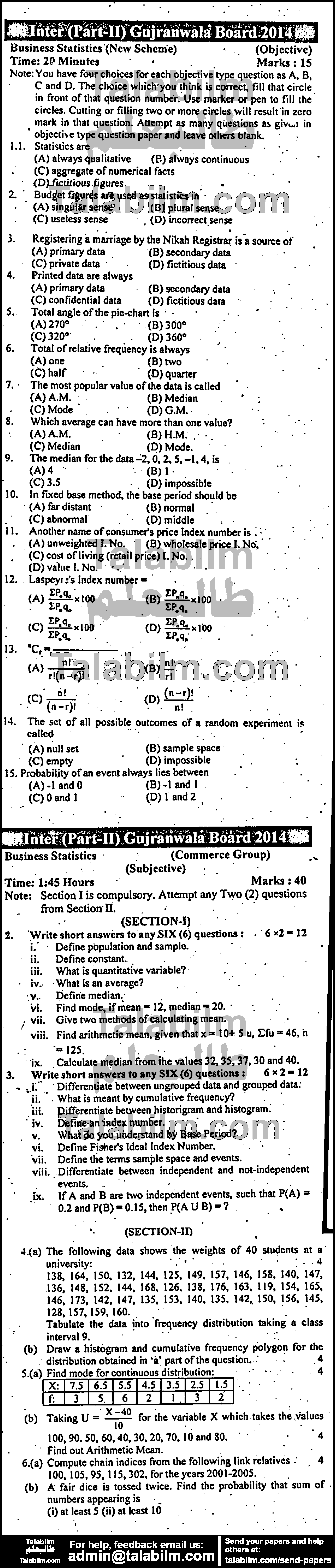 Business Statistics 0 past paper for Group-I 2014