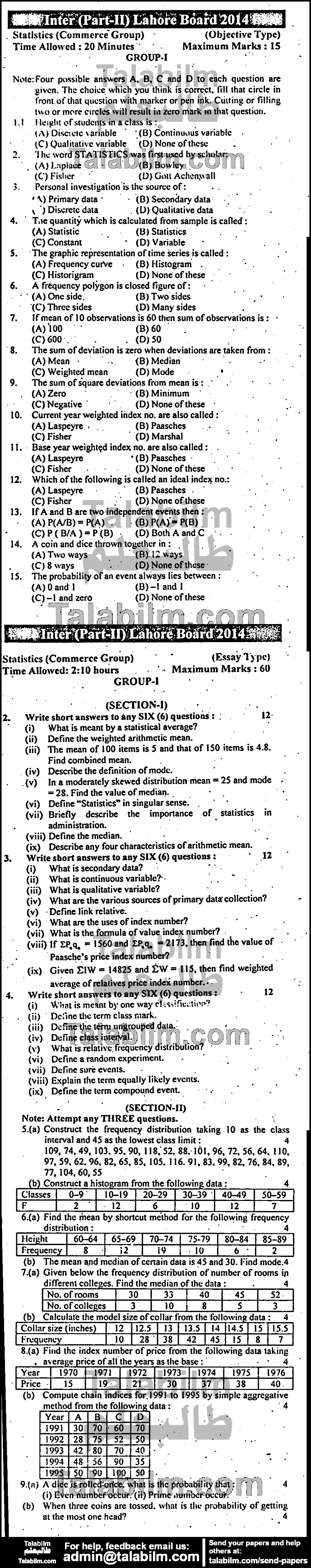 Business Statistics 0 past paper for Group-I 2014