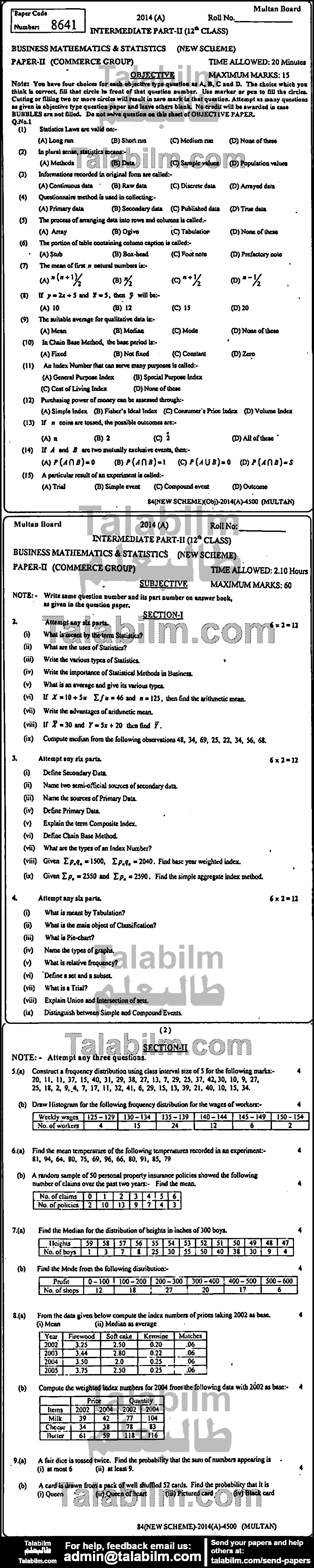 Business Statistics 0 past paper for Group-I 2014