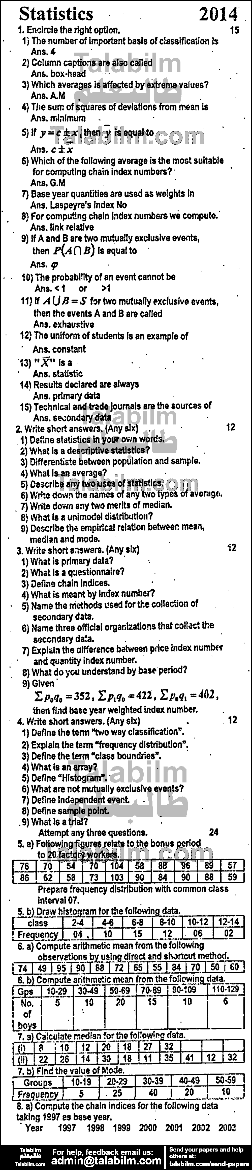 Business Statistics 0 past paper for Group-I 2014