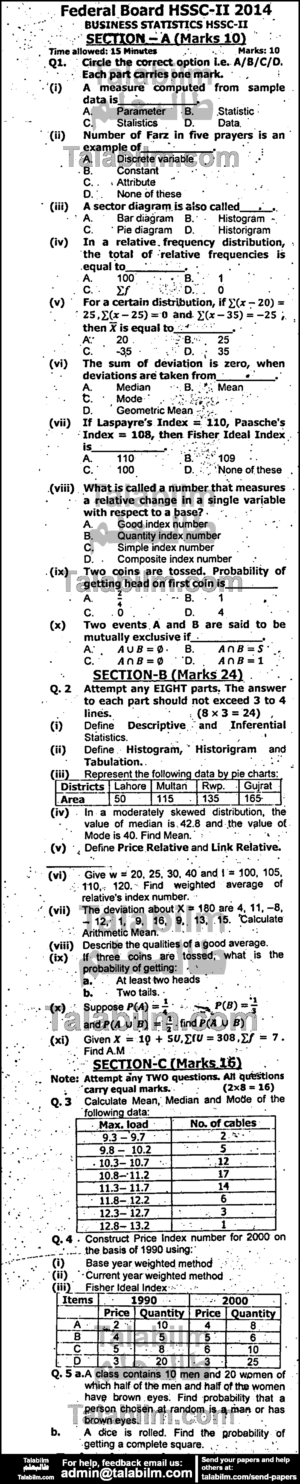 Business Statistics 0 past paper for Group-I 2014