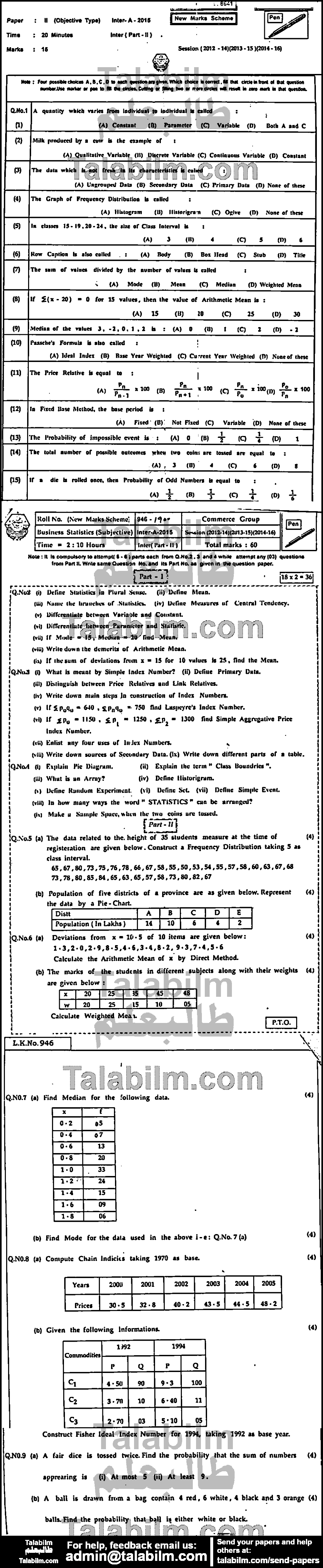 Business Statistics 0 past paper for Group-I 2015