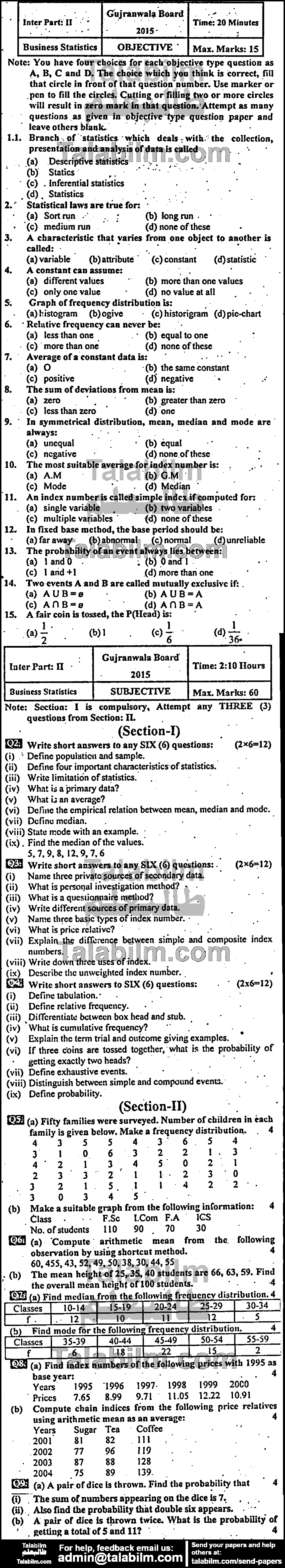 Business Statistics 0 past paper for Group-I 2015