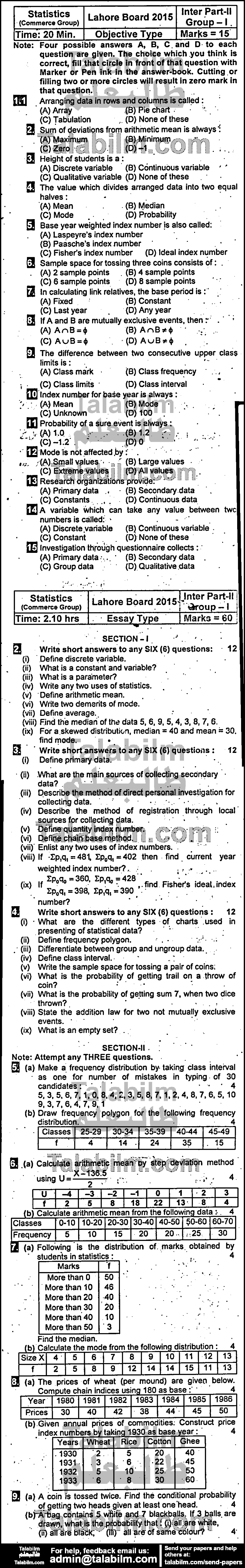 Business Statistics 0 past paper for Group-I 2015