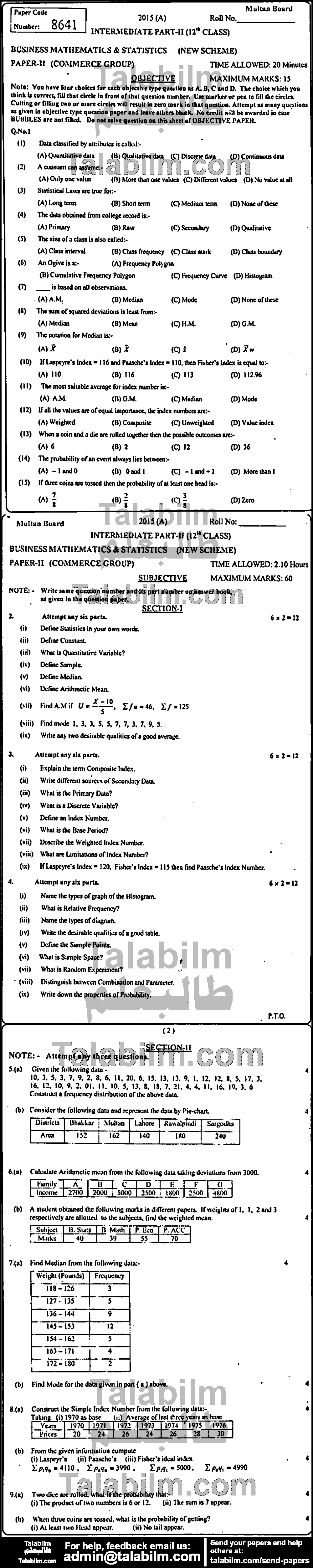 Business Statistics 0 past paper for Group-I 2015