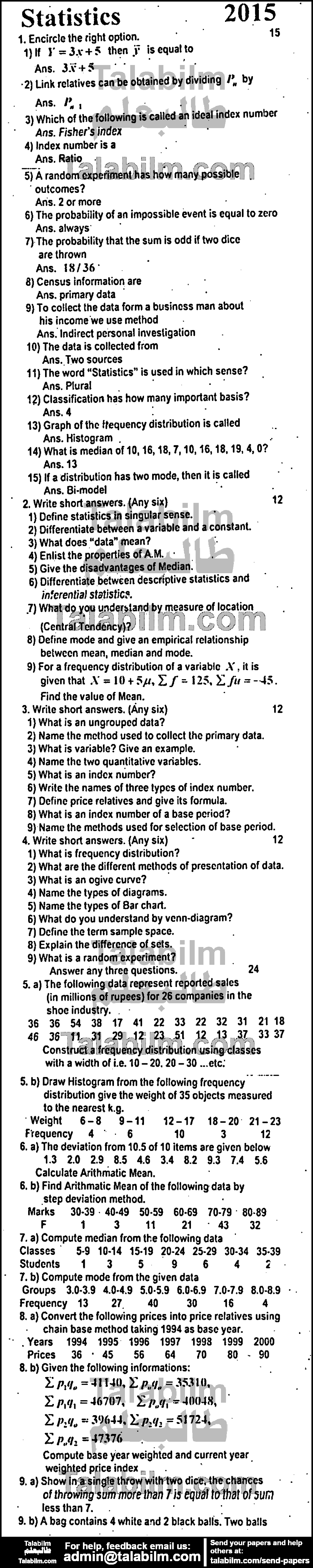 Business Statistics 0 past paper for Group-I 2015