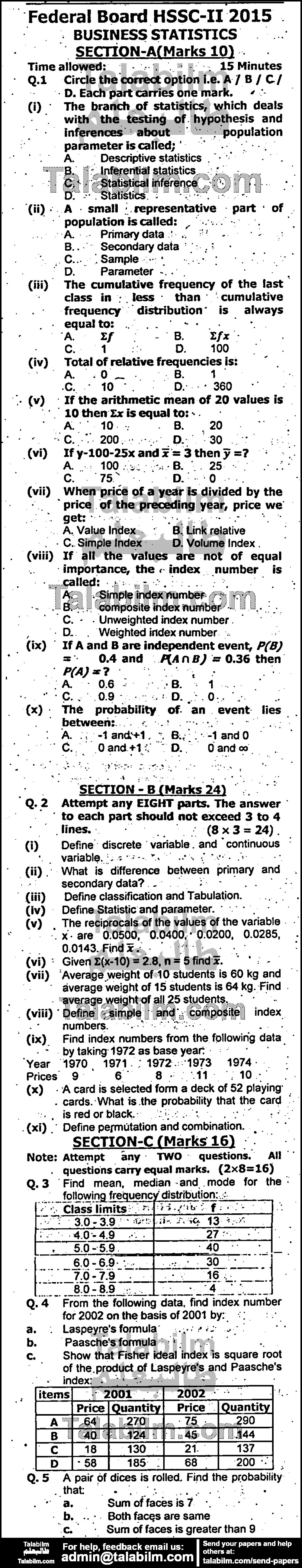 Business Statistics 0 past paper for Group-I 2015