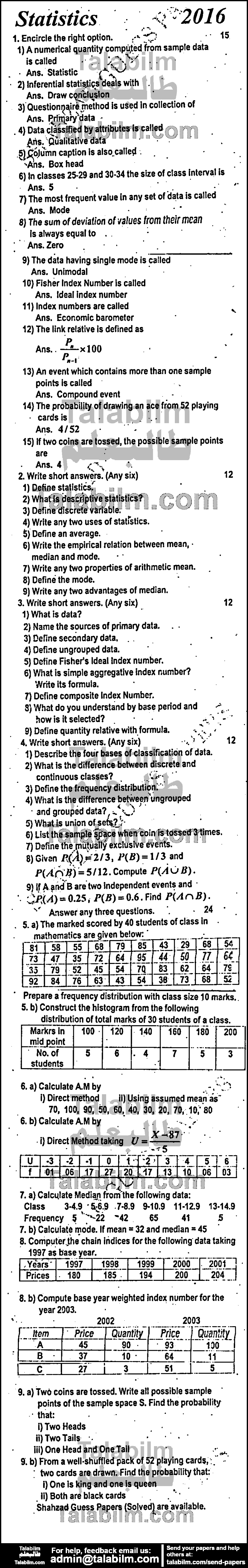 Business Statistics 0 past paper for Group-I 2016