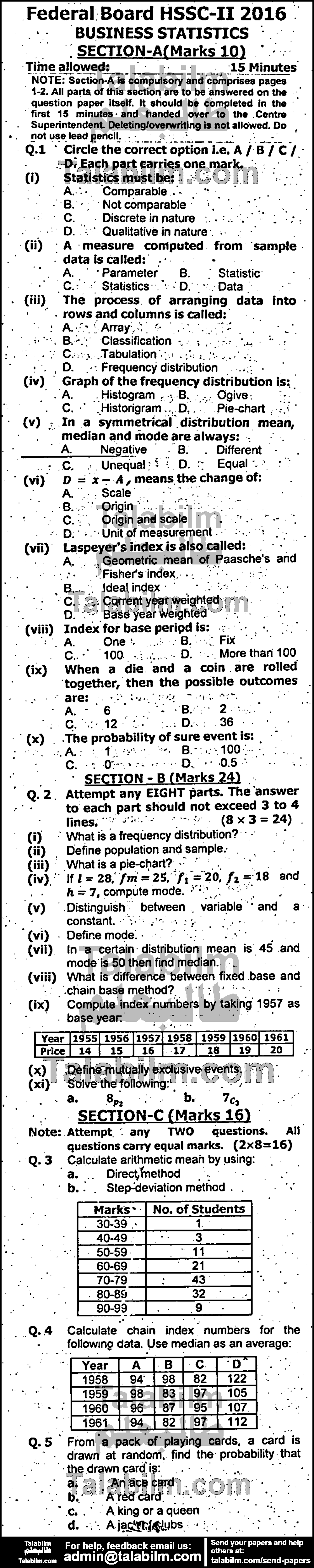 Business Statistics 0 past paper for Group-I 2016