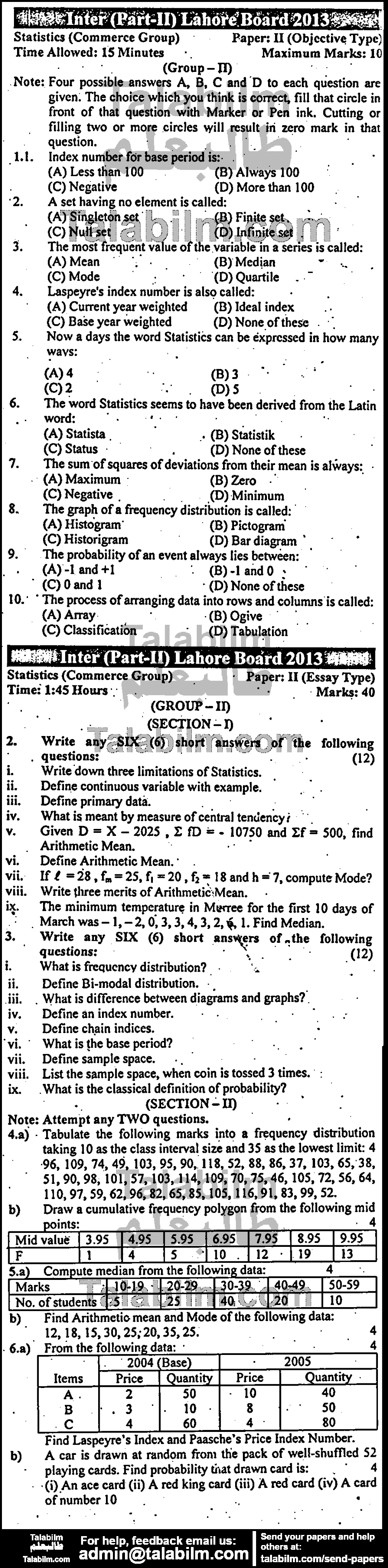 Business Statistics 0 past paper for Group-II 2013