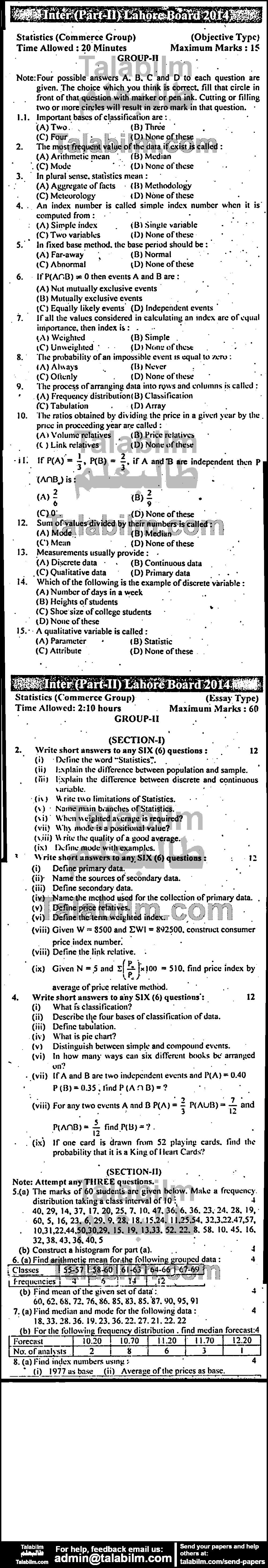 Business Statistics 0 past paper for Group-II 2014