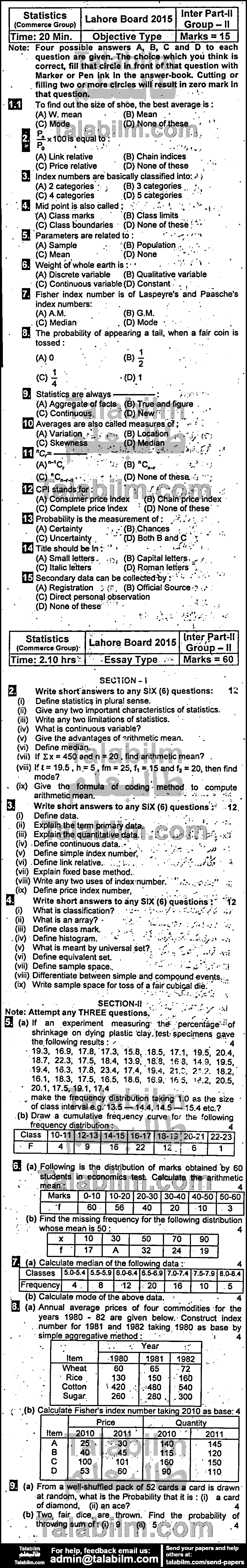 Business Statistics 0 past paper for Group-II 2015