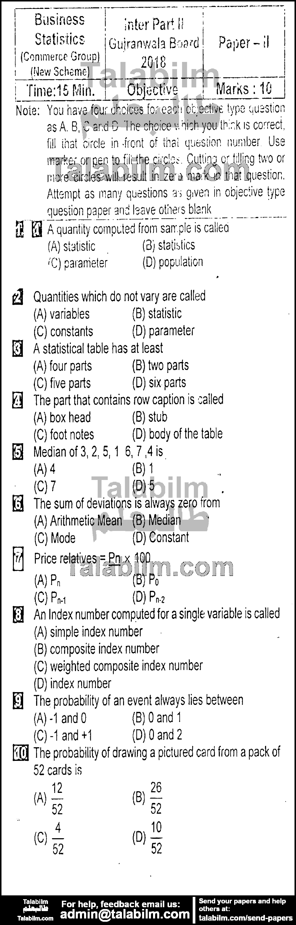 Business Statistics 0 past paper for Group-II 2018