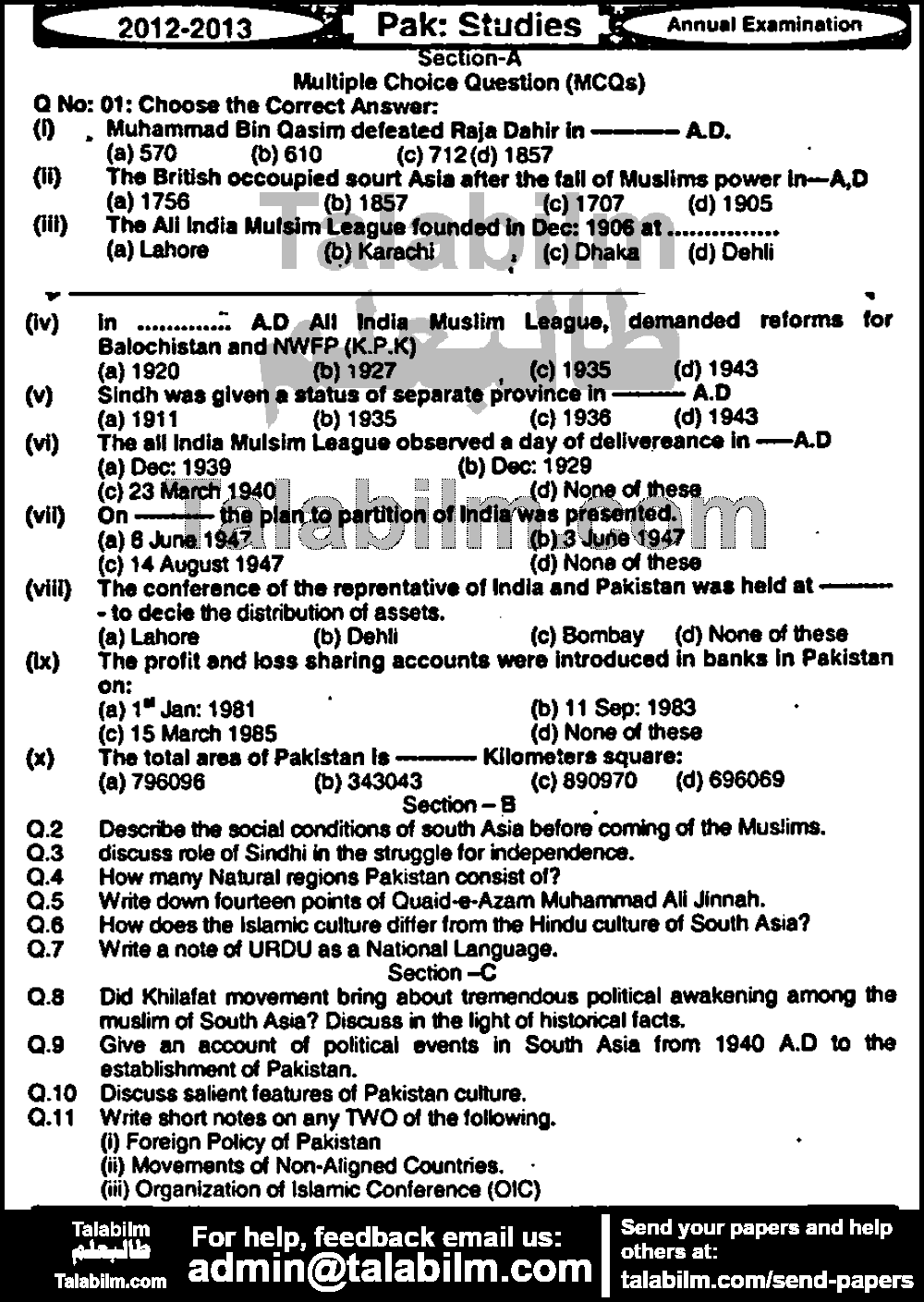 Pak Studies 0 past paper for Group-I 2013