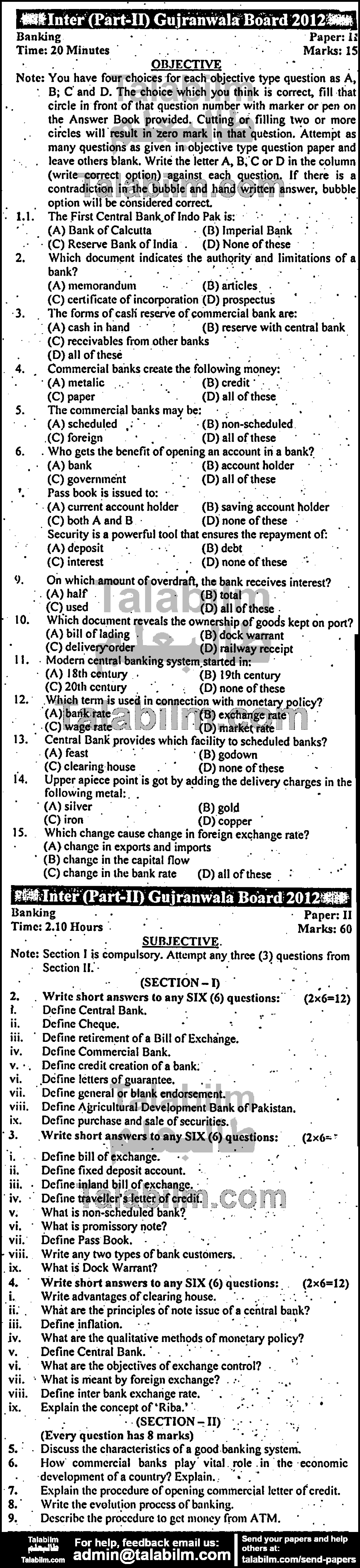 Principles of Banking 0 past paper for Group-I 2012