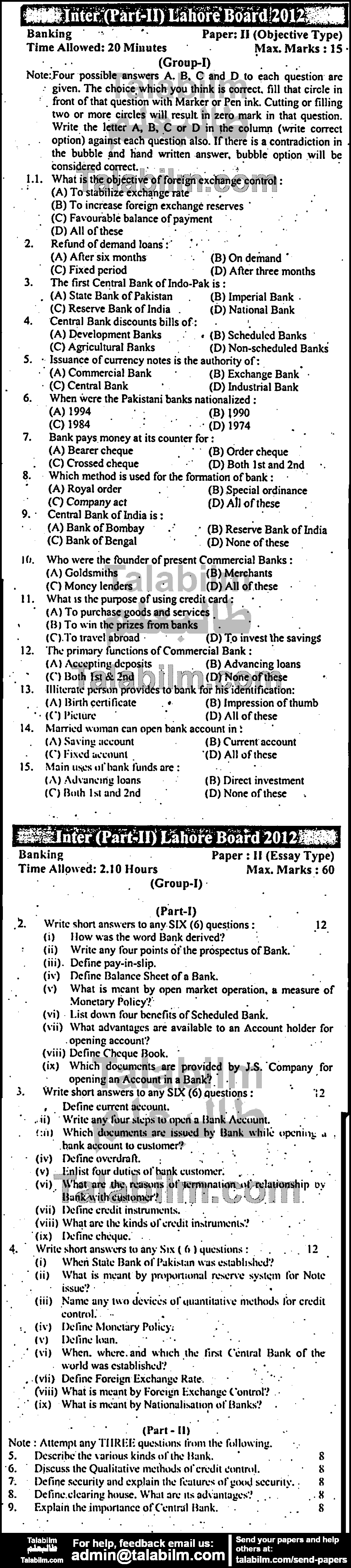 Principles of Banking 0 past paper for Group-I 2012