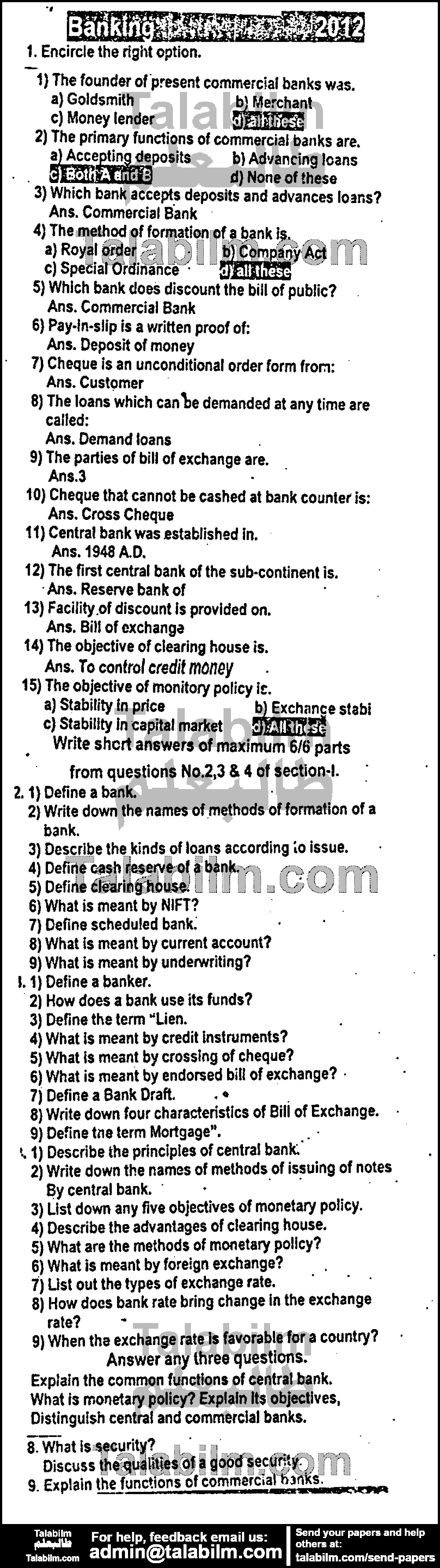 Principles of Banking 0 past paper for Group-I 2012