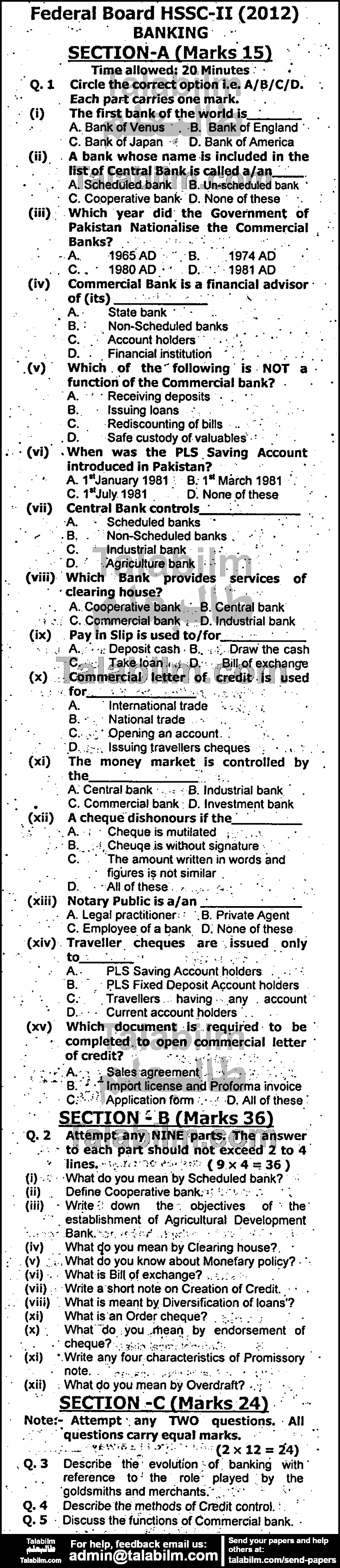 Principles of Banking 0 past paper for Group-I 2012