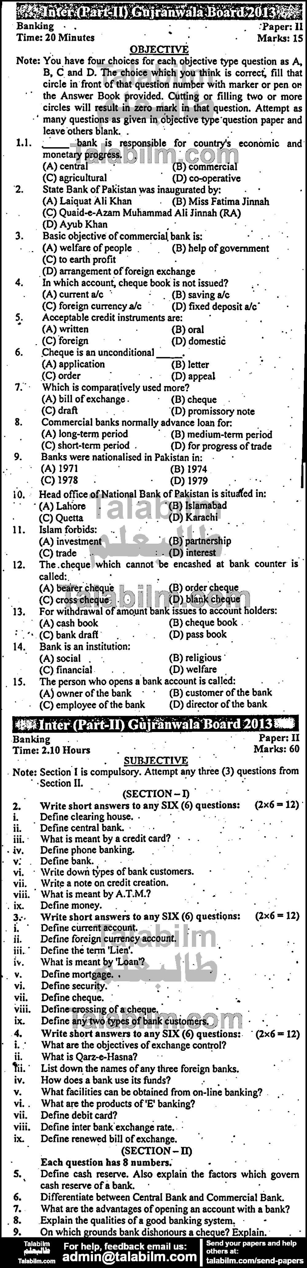 Principles of Banking 0 past paper for Group-I 2013