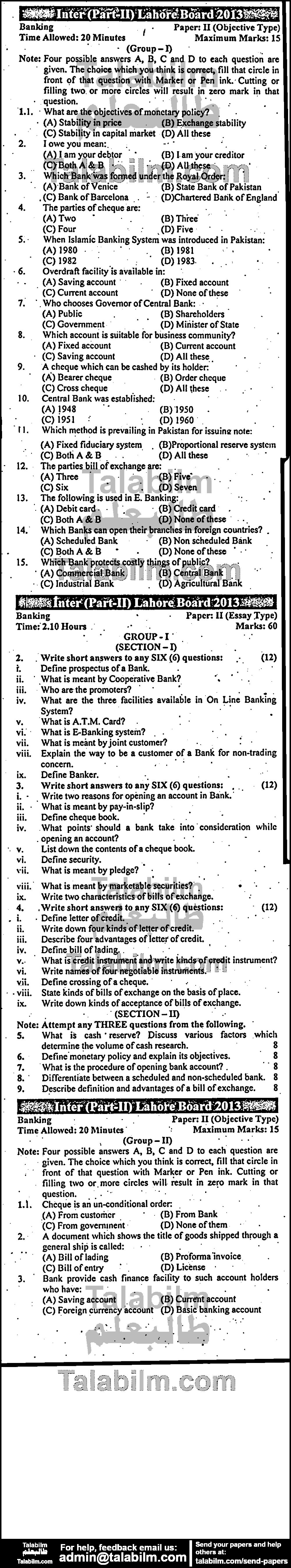 Principles of Banking 0 past paper for Group-I 2013