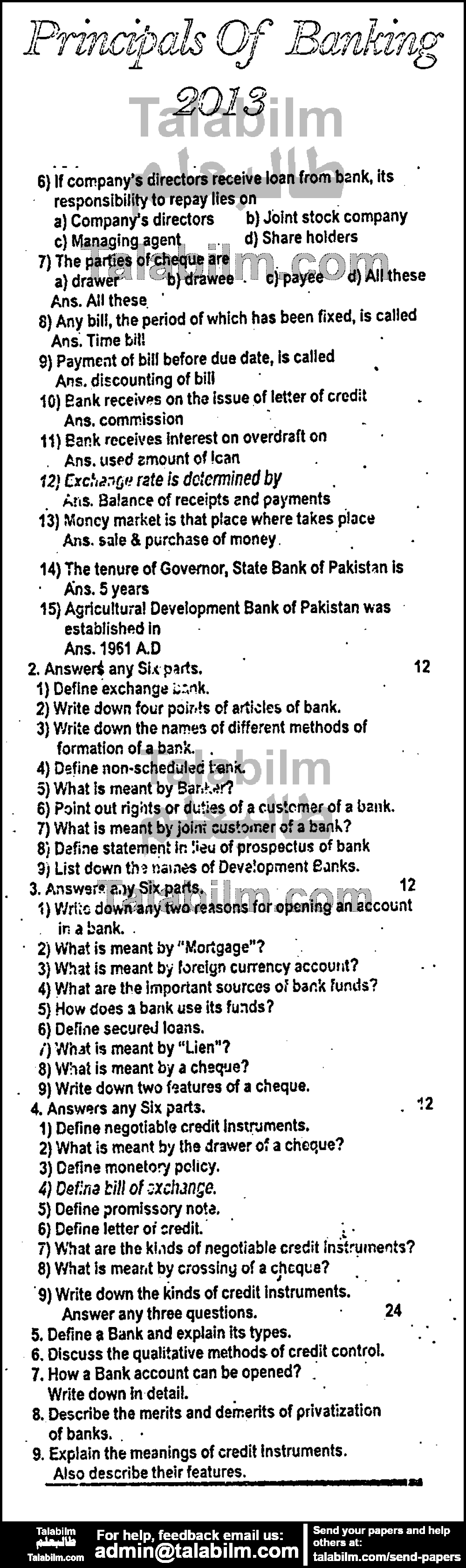 Principles of Banking 0 past paper for Group-I 2013