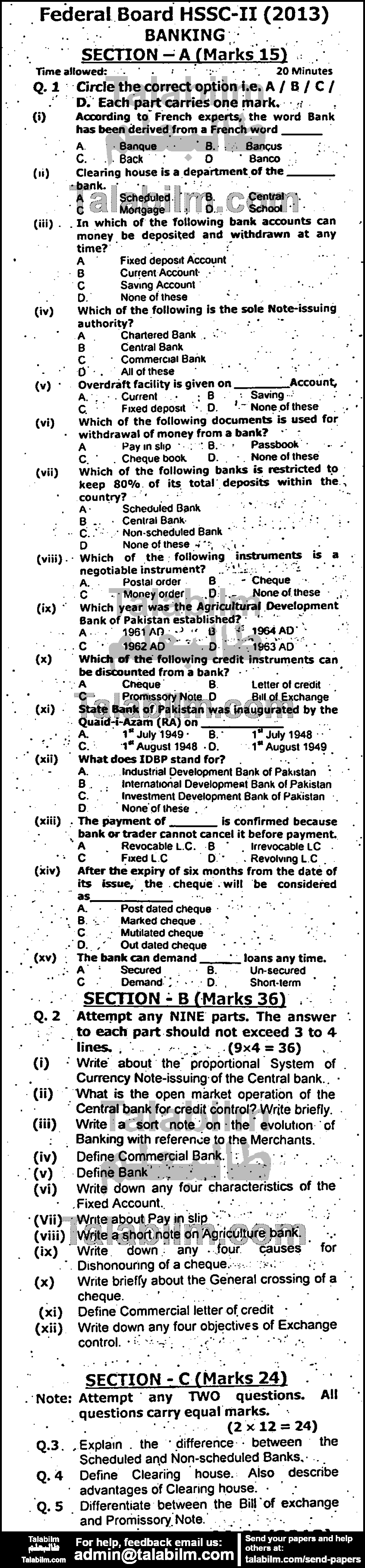 Principles of Banking 0 past paper for Group-I 2013