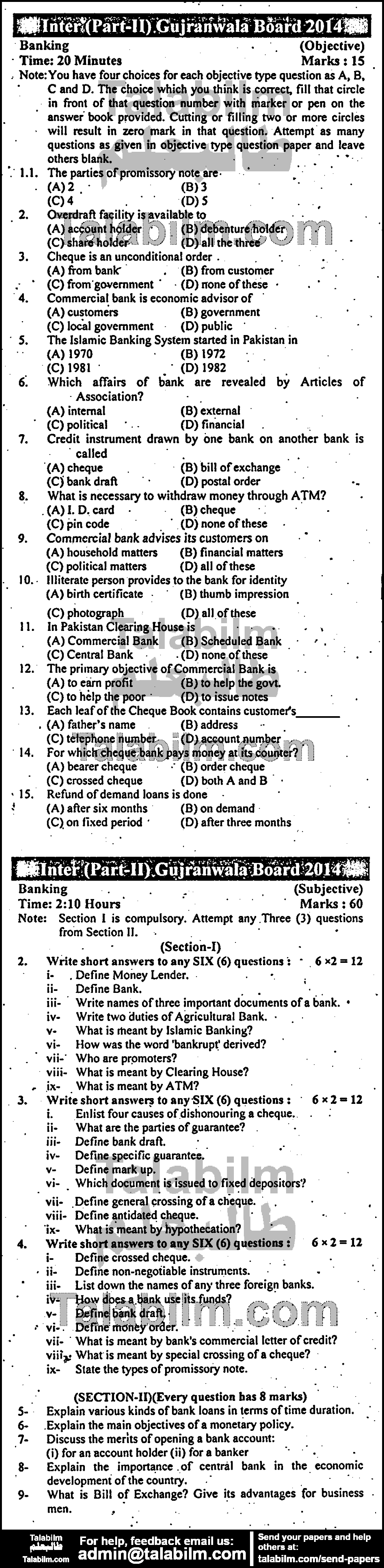 Principles of Banking 0 past paper for Group-I 2014