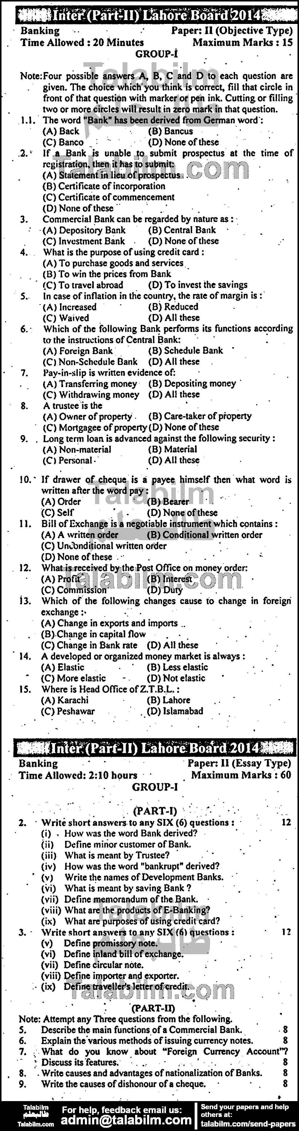 Principles of Banking 0 past paper for Group-I 2014