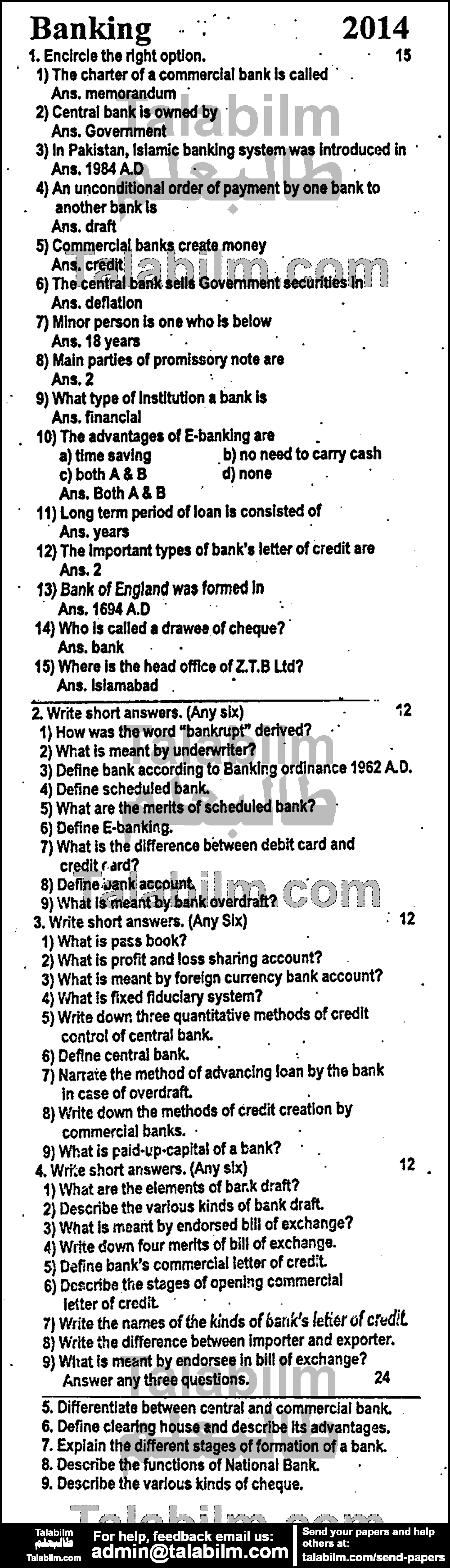 Principles of Banking 0 past paper for Group-I 2014