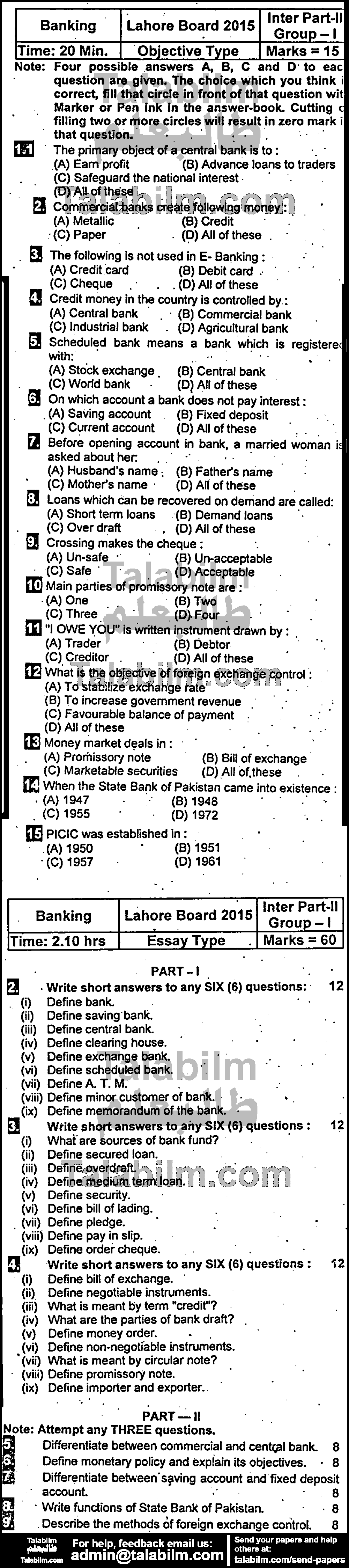 Principles of Banking 0 past paper for Group-I 2015