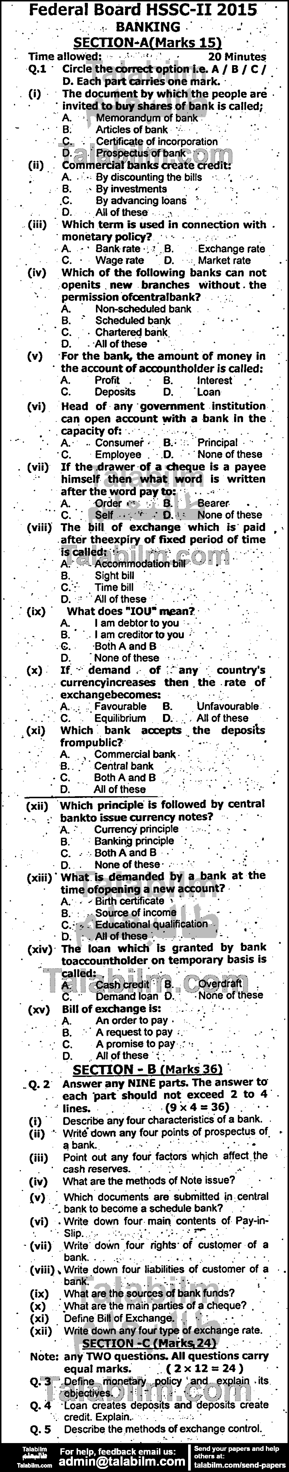 Principles of Banking 0 past paper for Group-I 2015