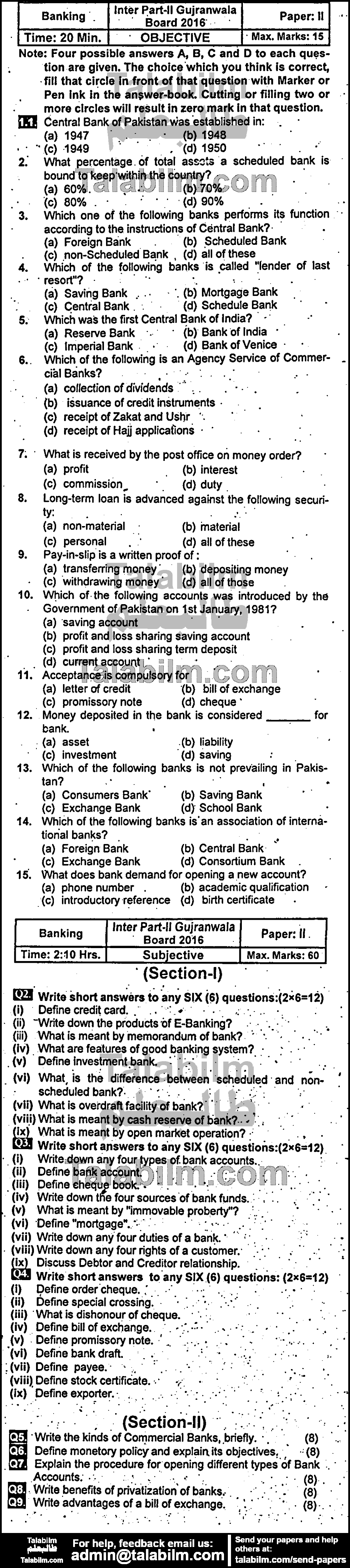 Principles of Banking 0 past paper for Group-I 2016