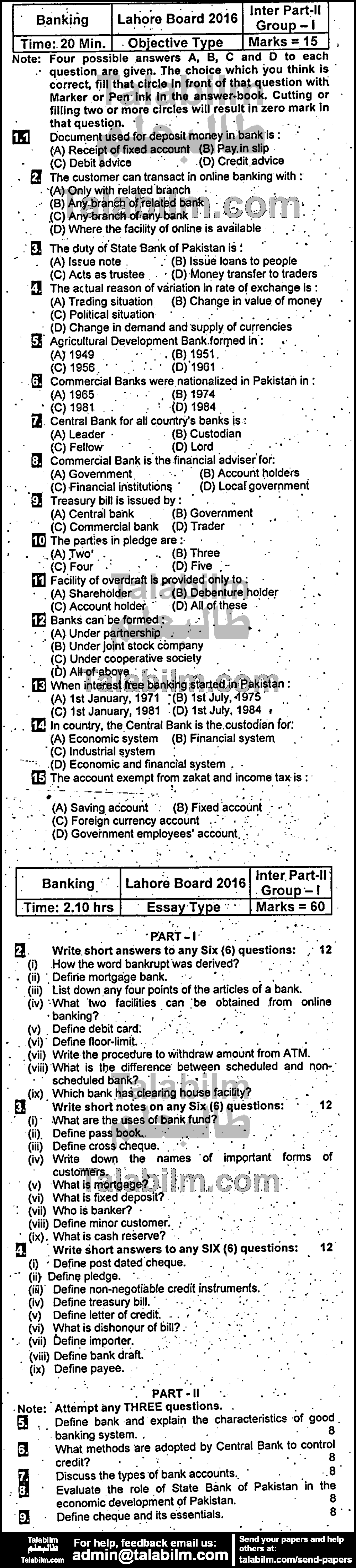 Principles of Banking 0 past paper for Group-I 2016