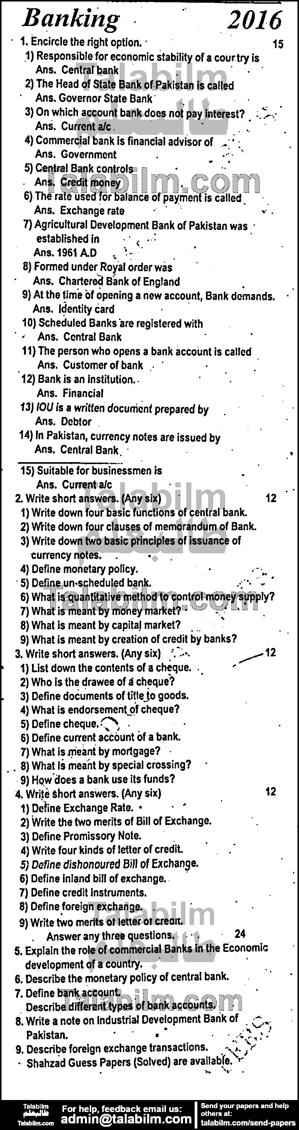 Principles of Banking 0 past paper for Group-I 2016
