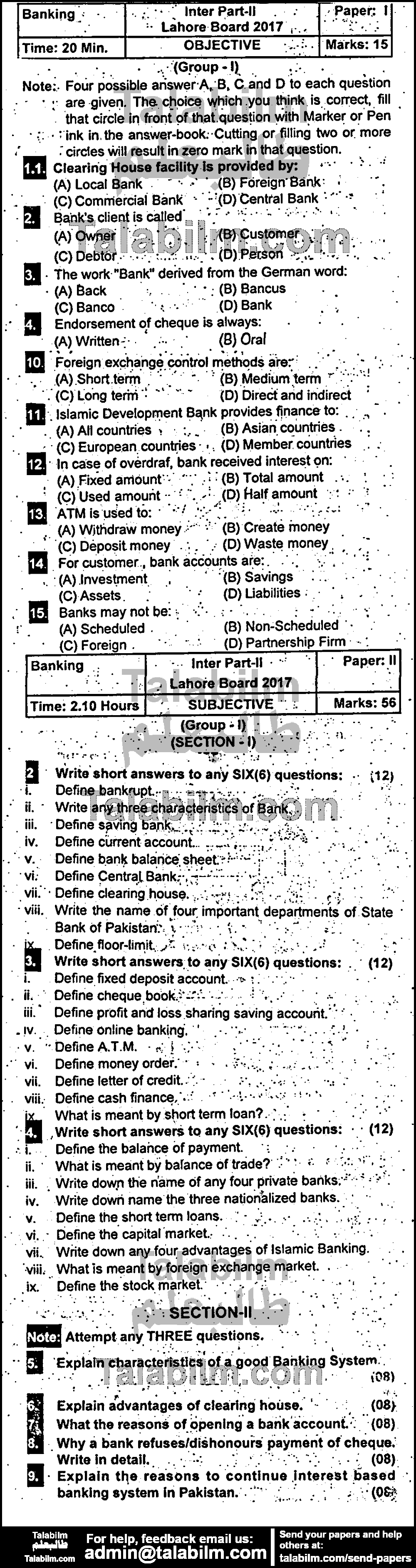 Principles of Banking 0 past paper for Group-I 2017