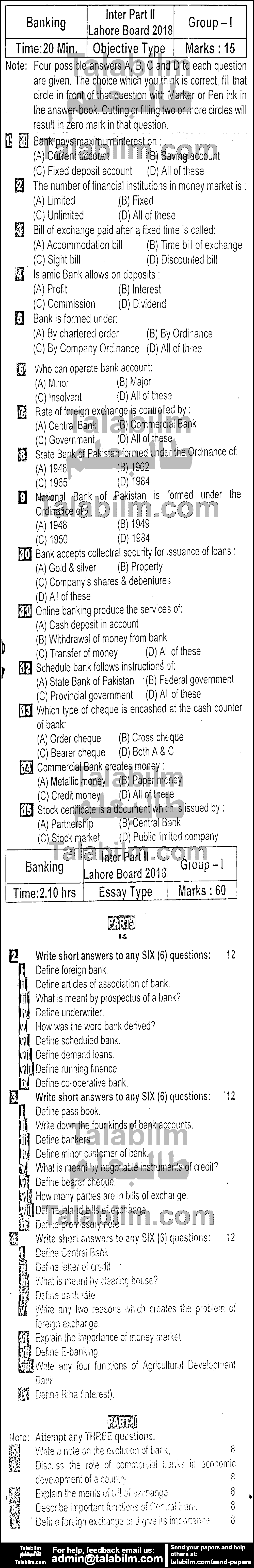 Principles of Banking 0 past paper for Group-I 2018