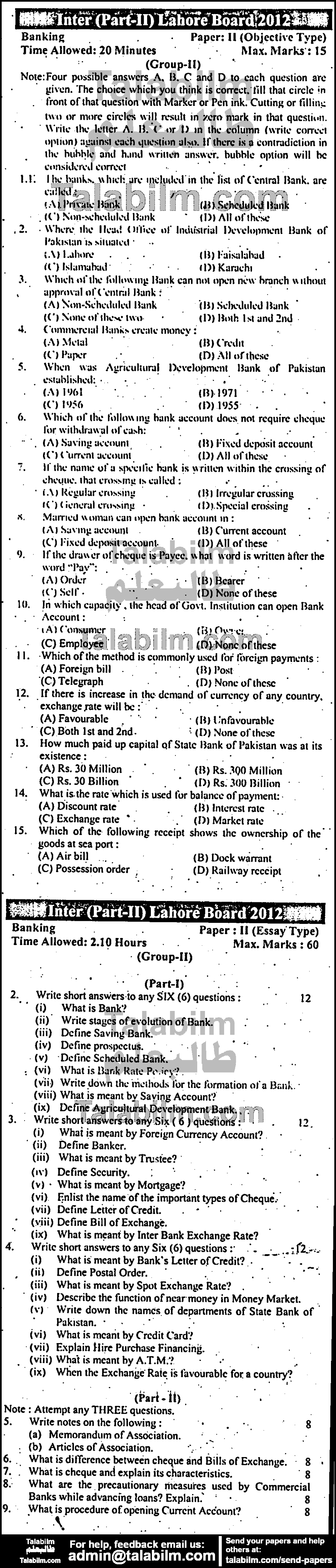 Principles of Banking 0 past paper for Group-II 2012