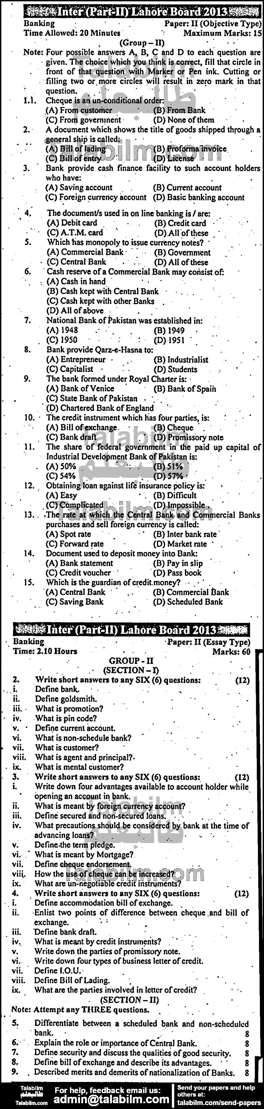 Principles of Banking 0 past paper for Group-II 2013