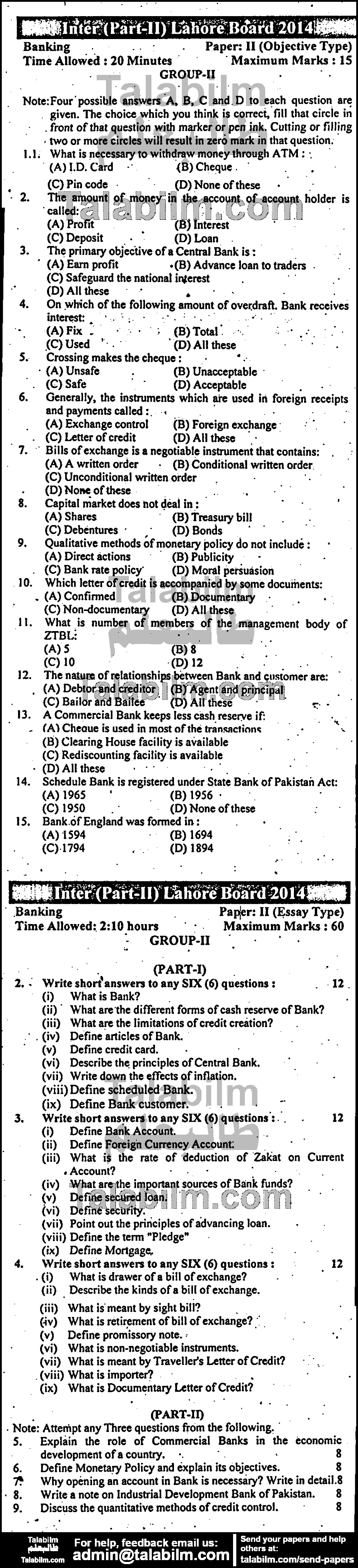 Principles of Banking 0 past paper for Group-II 2014