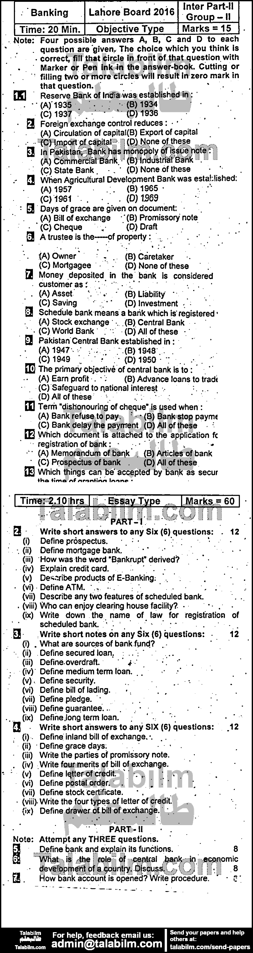 Principles of Banking 0 past paper for Group-II 2016