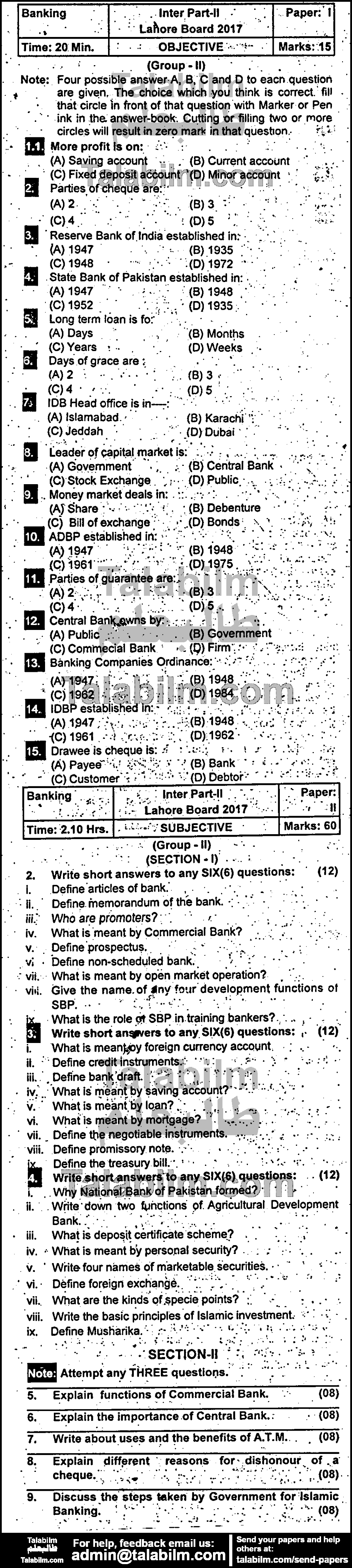 Principles of Banking 0 past paper for Group-II 2017