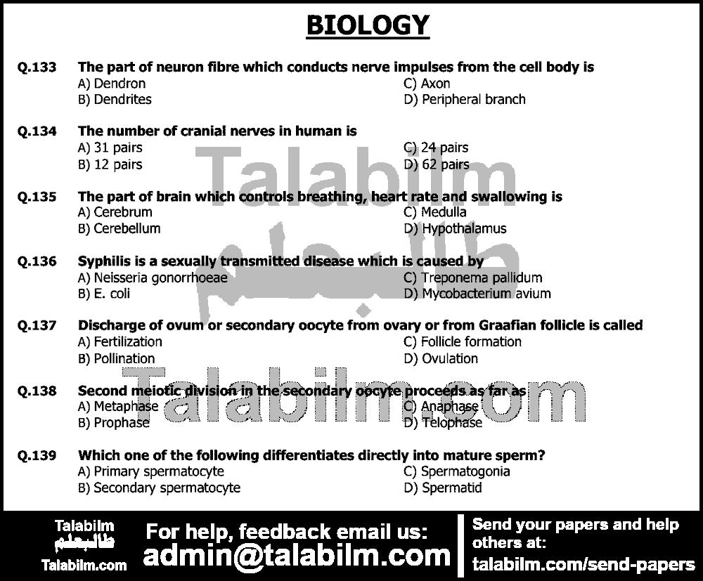 UHS MDCAT 0 past paper for Biology 2012