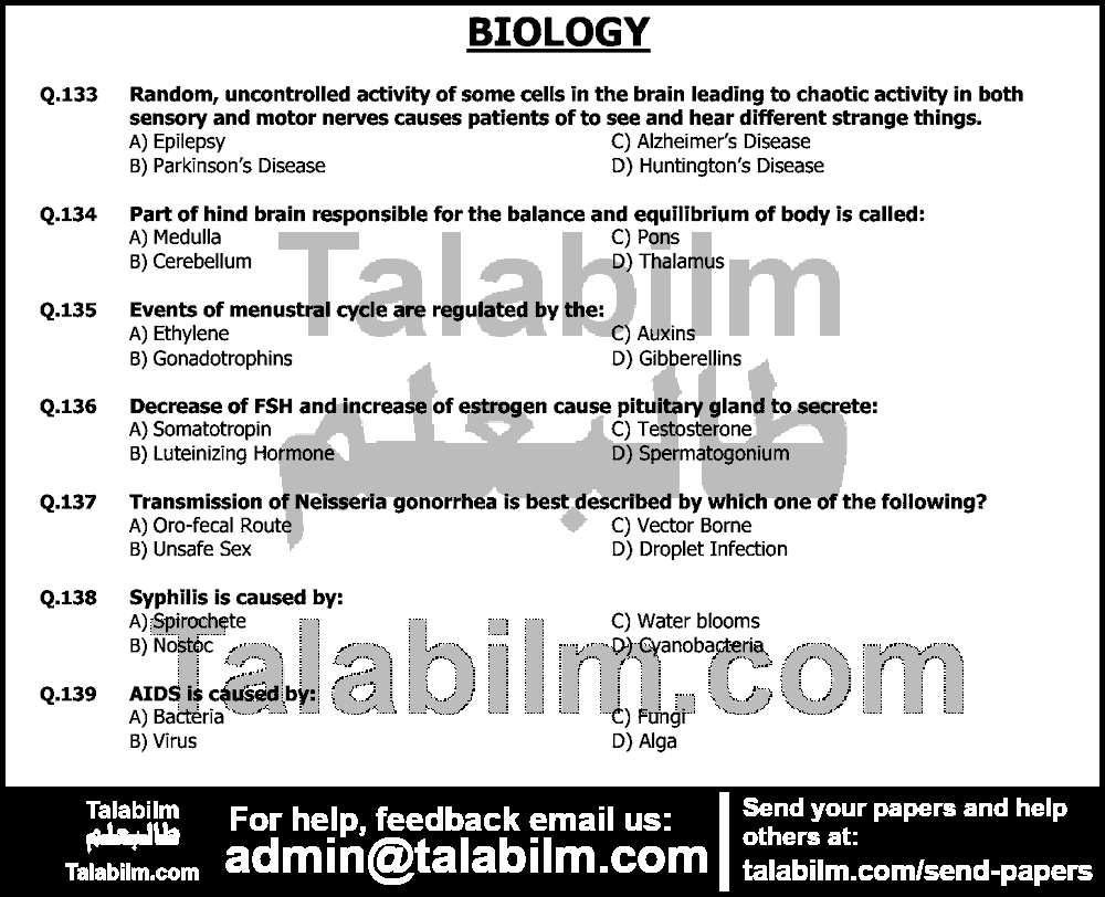 UHS MDCAT 0 past paper for Biology 2016