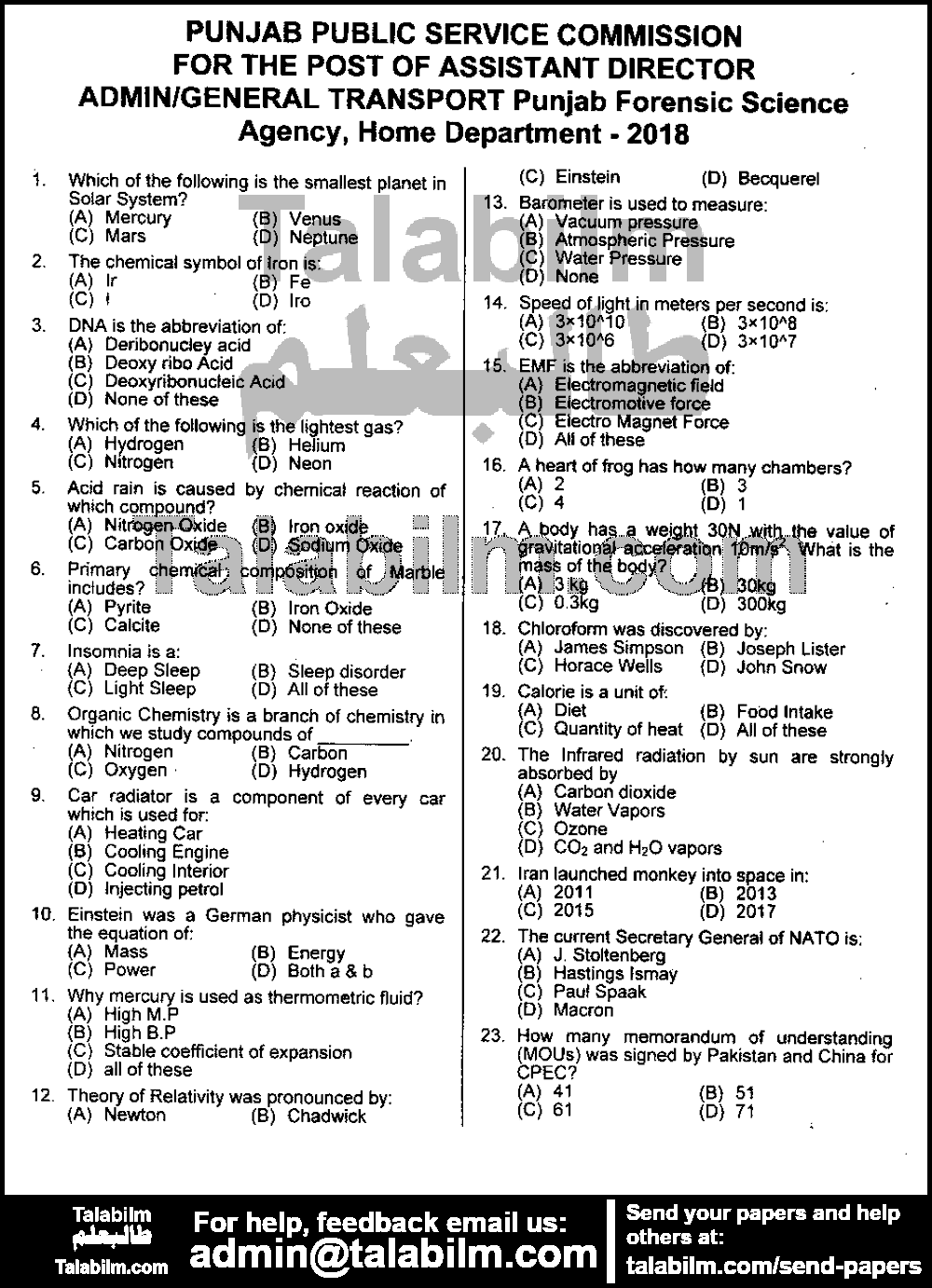 Assistant Director Transport 0 past paper for 2018