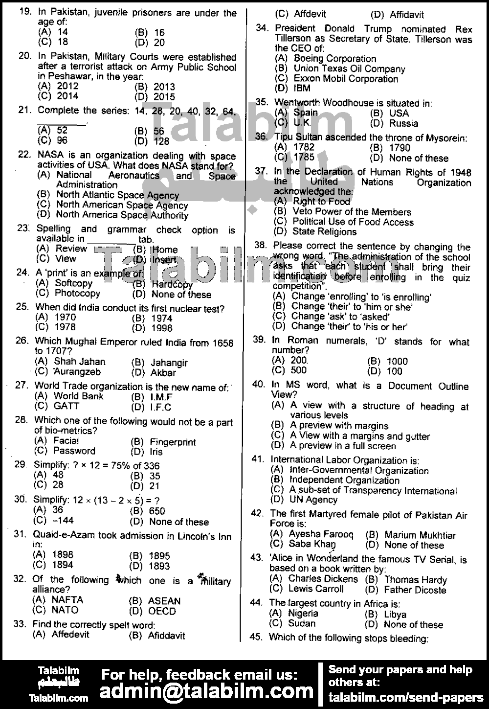 Transport Sub Inspector 0 past paper for 2019 Page No. 2