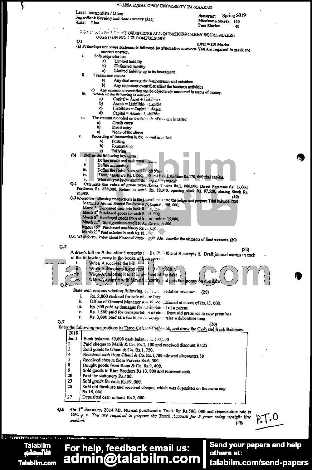 Book Keeping and Accountancy 311 past paper for Spring 2019 Page No. 2