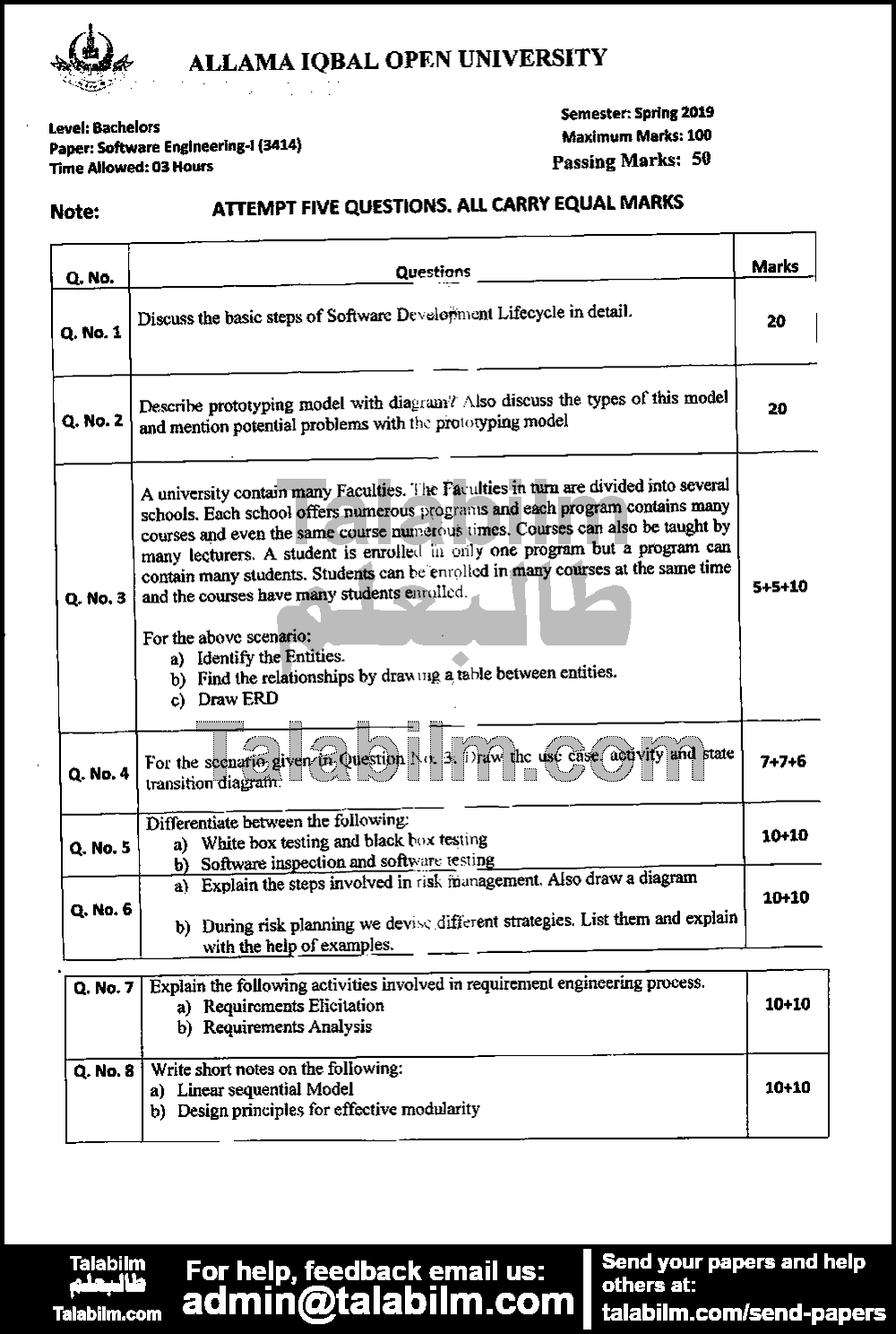 Software Engineering-1 3414 past paper for Spring 2019 Page No. 2