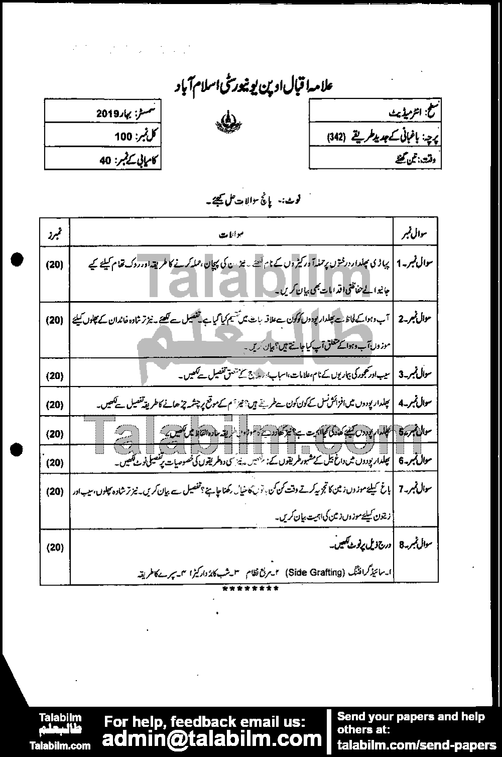 Baghbani Ky Amli Tareeqy 342 past paper for Spring 2019