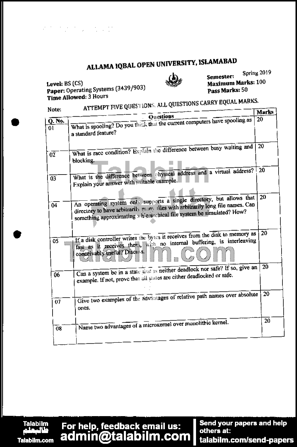 Operating System 3439 past paper for Spring 2019 Page No. 2